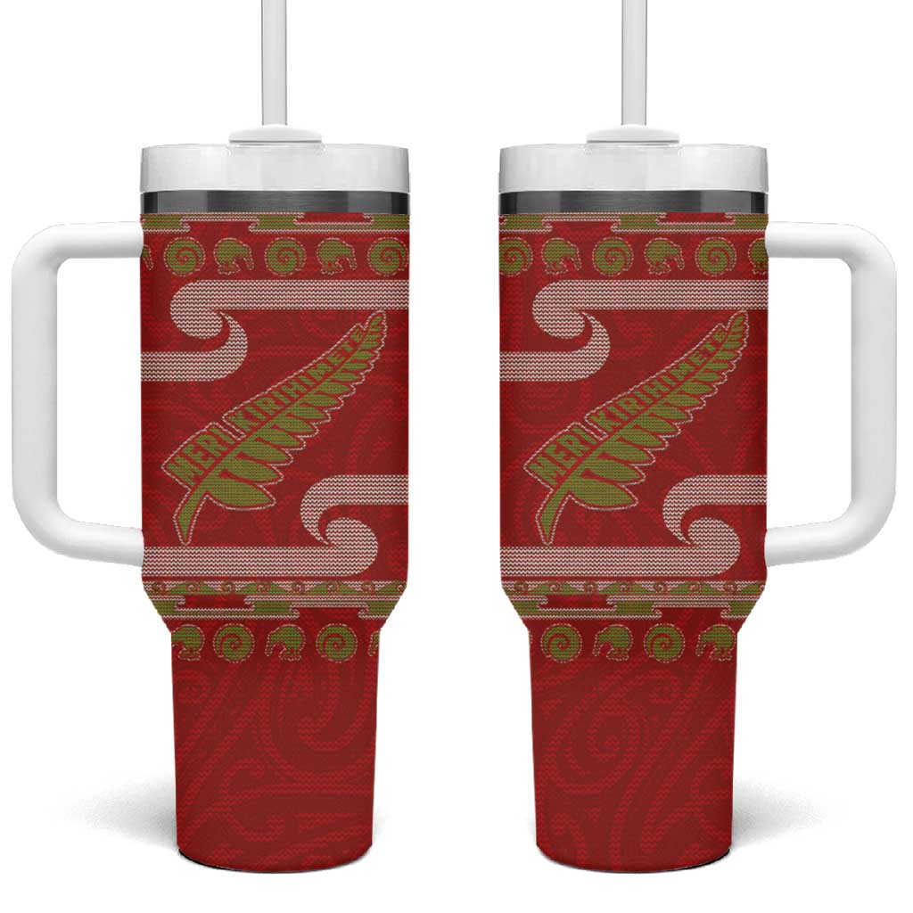 New Zealand Christmas Tumbler With Handle Meri Kirihimete Silver Fern Knit Style Green Color - Polynesian Pride