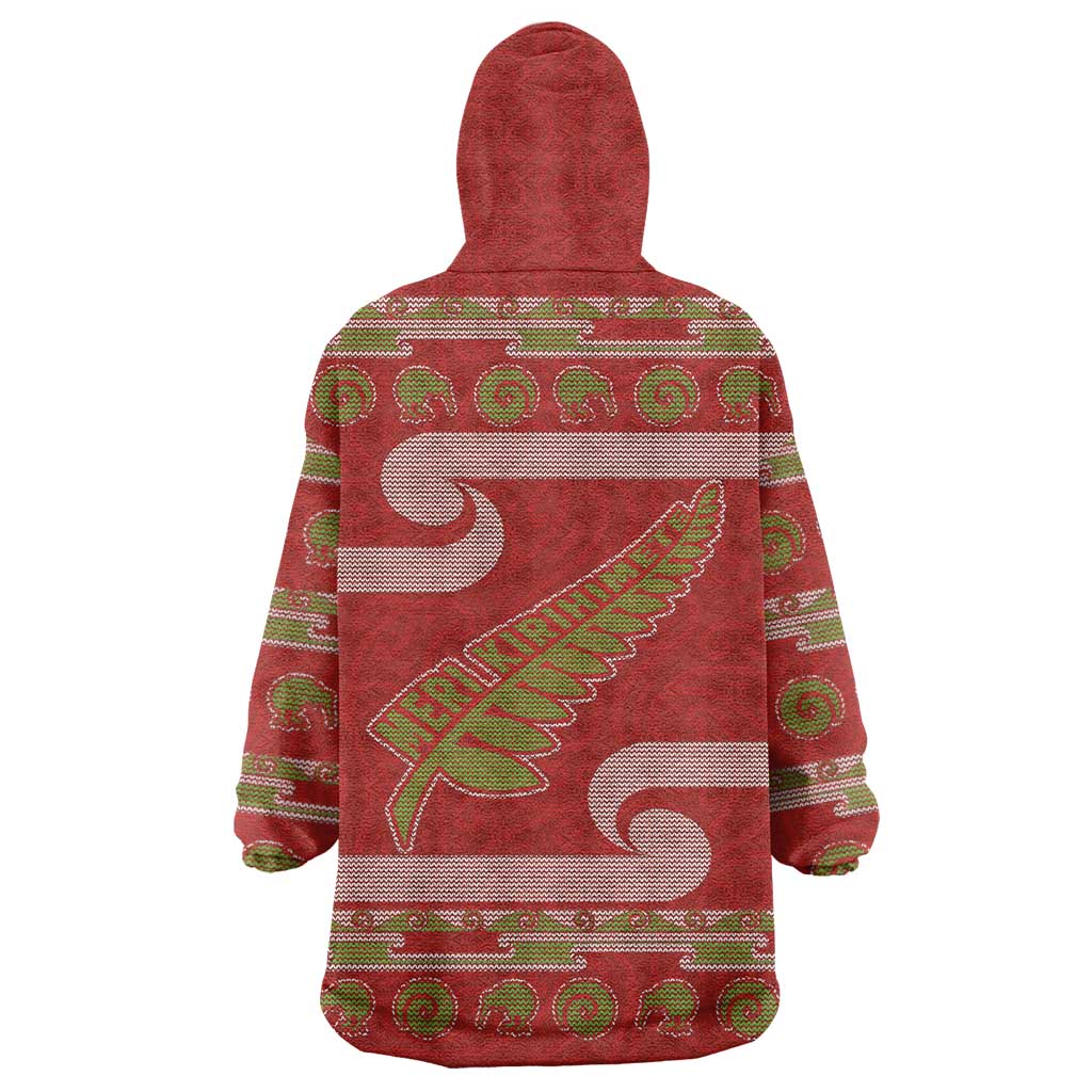 New Zealand Christmas Wearable Blanket Hoodie Meri Kirihimete Silver Fern Knit Style Green Color LT03 - Polynesian Pride