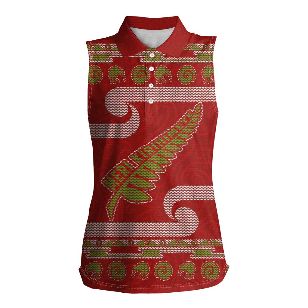 New Zealand Christmas Women Sleeveless Polo Shirt Meri Kirihimete Silver Fern Knit Style Green Color - Polynesian Pride
