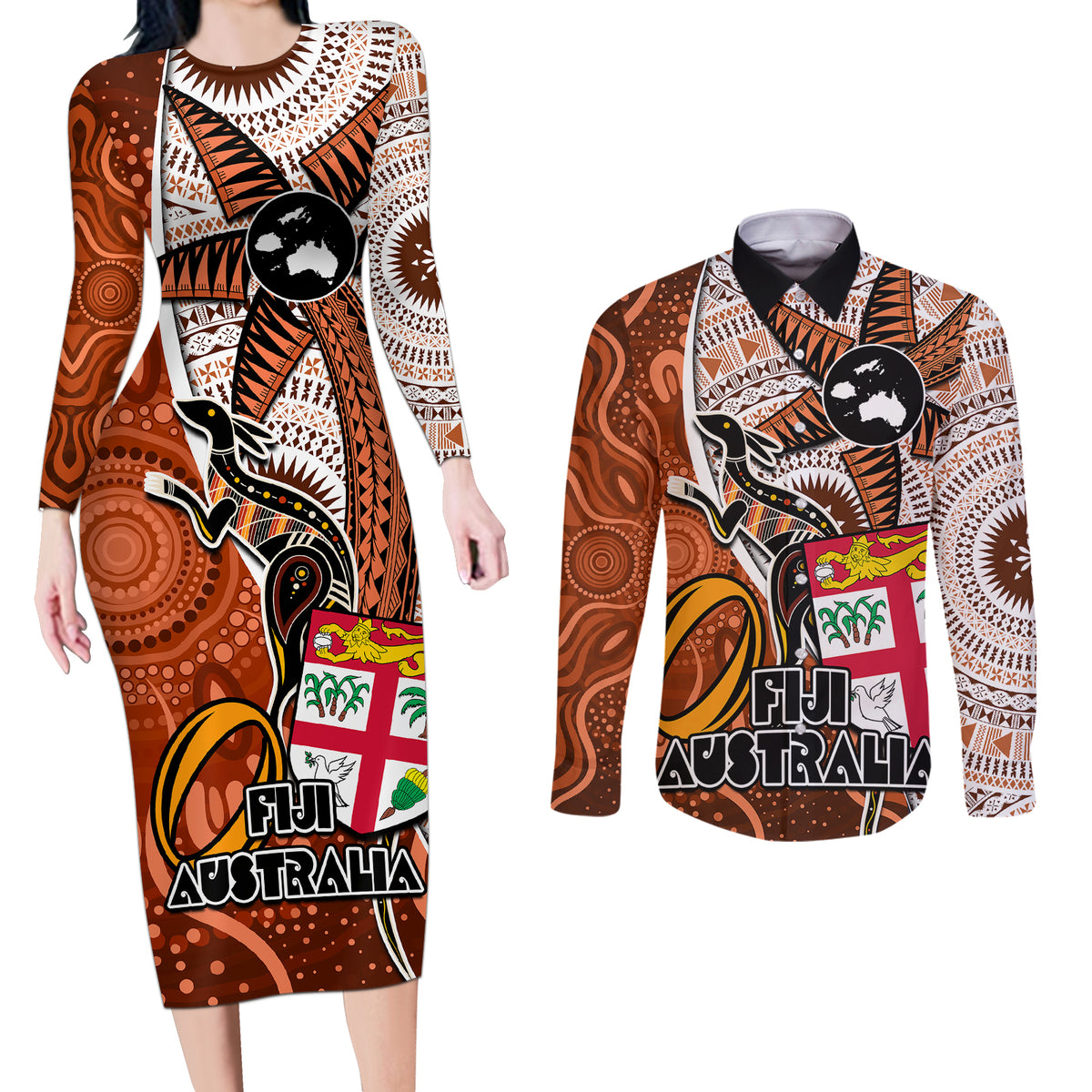 fiji-australia-rugby-couples-matching-long-sleeve-bodycon-dress-and-long-sleeve-button-shirts-kangaroo-and-palm-tree-orange-tapa-pattern-mix-aboriginal