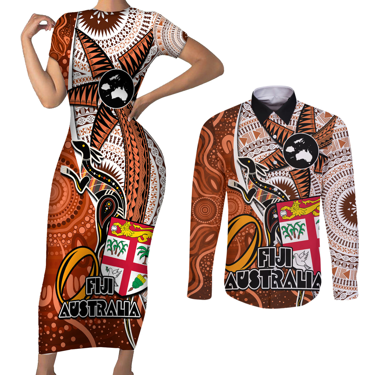 fiji-australia-rugby-couples-matching-short-sleeve-bodycon-dress-and-long-sleeve-button-shirts-kangaroo-and-palm-tree-orange-tapa-pattern-mix-aboriginal