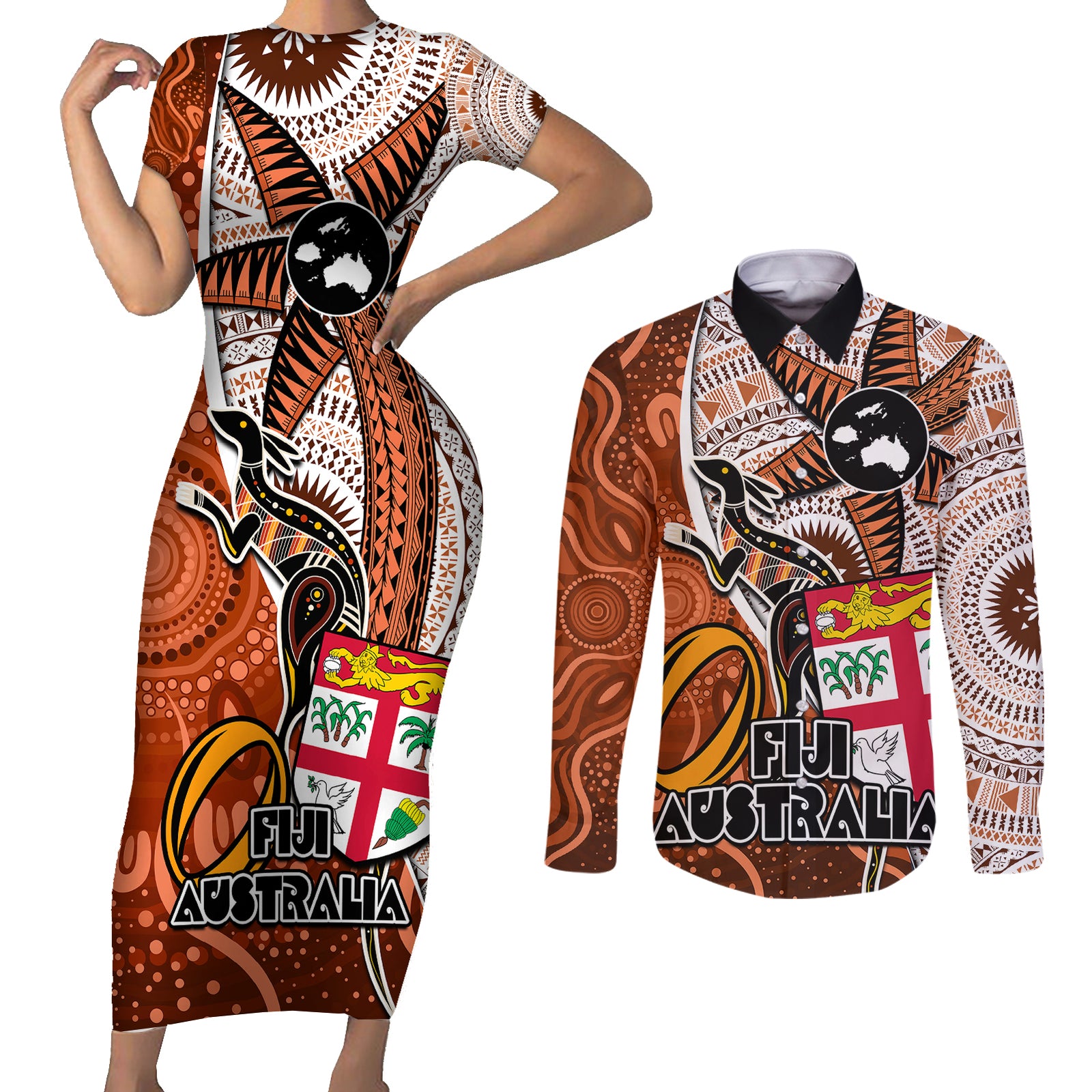 fiji-australia-rugby-couples-matching-short-sleeve-bodycon-dress-and-long-sleeve-button-shirts-kangaroo-and-palm-tree-orange-tapa-pattern-mix-aboriginal