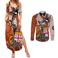 fiji-australia-rugby-couples-matching-summer-maxi-dress-and-long-sleeve-button-shirts-kangaroo-and-palm-tree-orange-tapa-pattern-mix-aboriginal