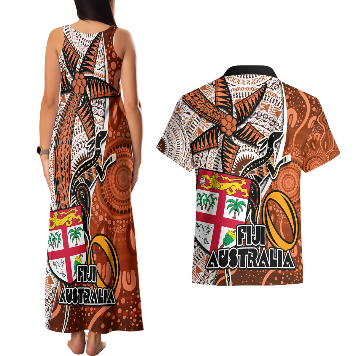 fiji-australia-rugby-couples-matching-tank-maxi-dress-and-hawaiian-shirt-kangaroo-and-palm-tree-orange-tapa-pattern-mix-aboriginal