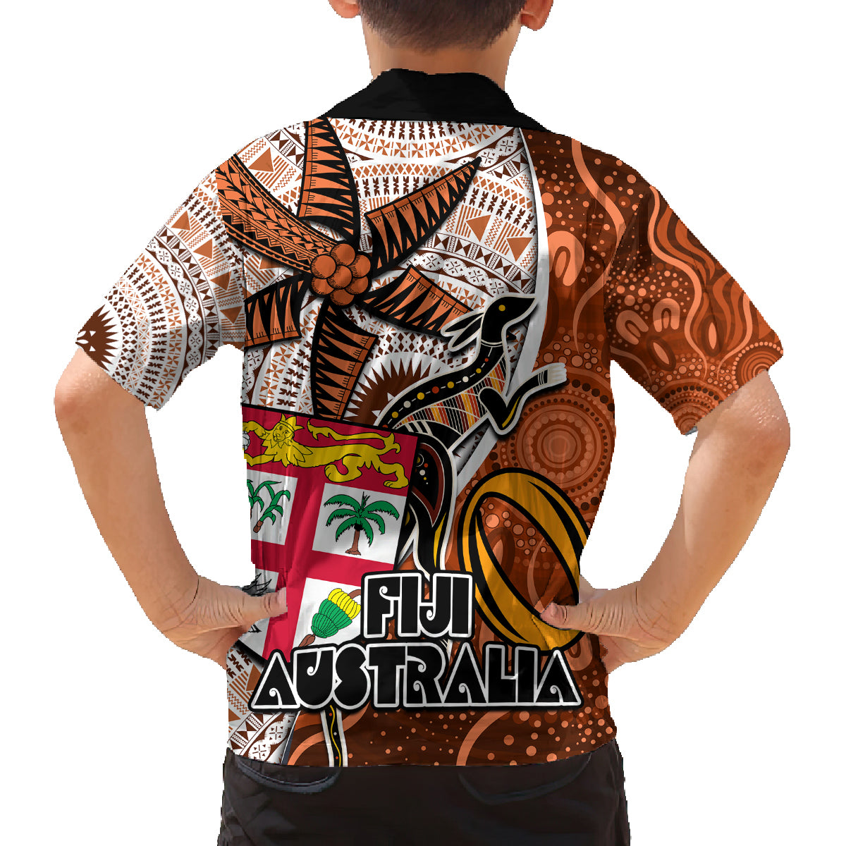 fiji-australia-rugby-family-matching-summer-maxi-dress-and-hawaiian-shirt-kangaroo-and-palm-tree-orange-tapa-pattern-mix-aboriginal