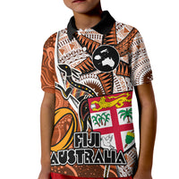 Fiji Australia Rugby Kid Polo Shirt Kangaroo and Palm Tree Orange Tapa Pattern Mix Aboriginal LT03 Kid Orange - Polynesian Pride