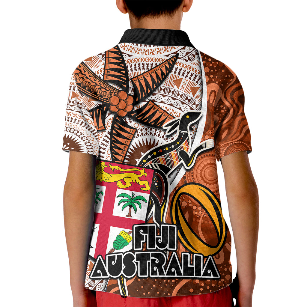 Fiji Australia Rugby Kid Polo Shirt Kangaroo and Palm Tree Orange Tapa Pattern Mix Aboriginal LT03 - Polynesian Pride