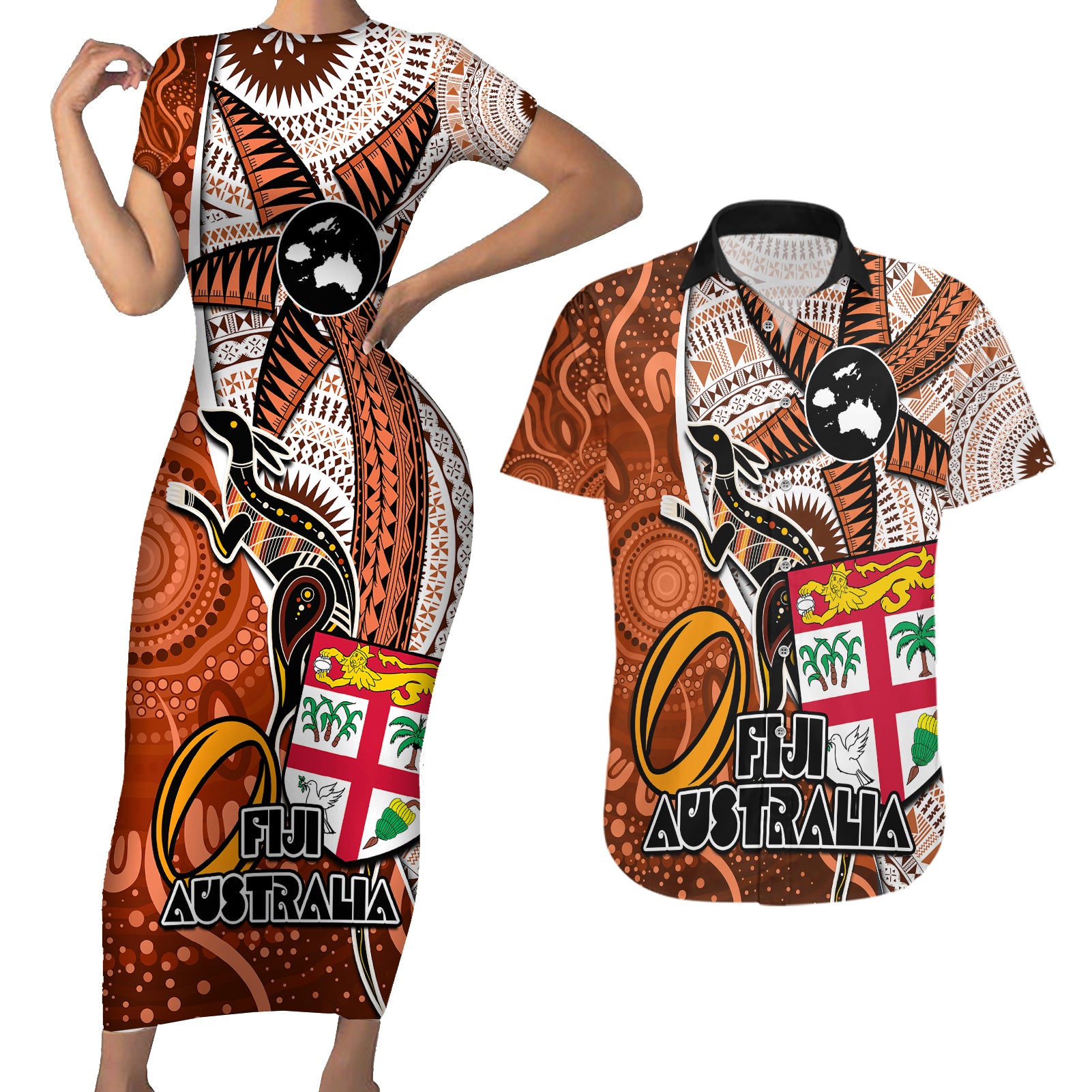 personalised-fiji-australia-rugby-couples-matching-short-sleeve-bodycon-dress-and-hawaiian-shirt-kangaroo-and-palm-tree-orange-tapa-pattern-mix-aboriginal