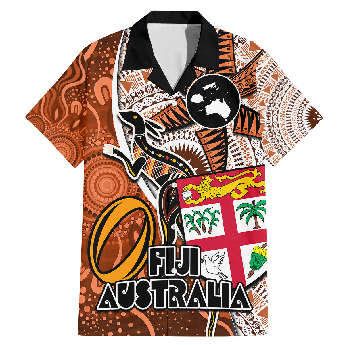 personalised-fiji-australia-rugby-family-matching-mermaid-dress-and-hawaiian-shirt-kangaroo-and-palm-tree-orange-tapa-pattern-mix-aboriginal
