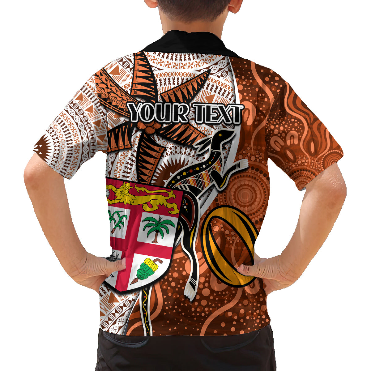 personalised-fiji-australia-rugby-family-matching-off-shoulder-long-sleeve-dress-and-hawaiian-shirt-kangaroo-and-palm-tree-orange-tapa-pattern-mix-aboriginal
