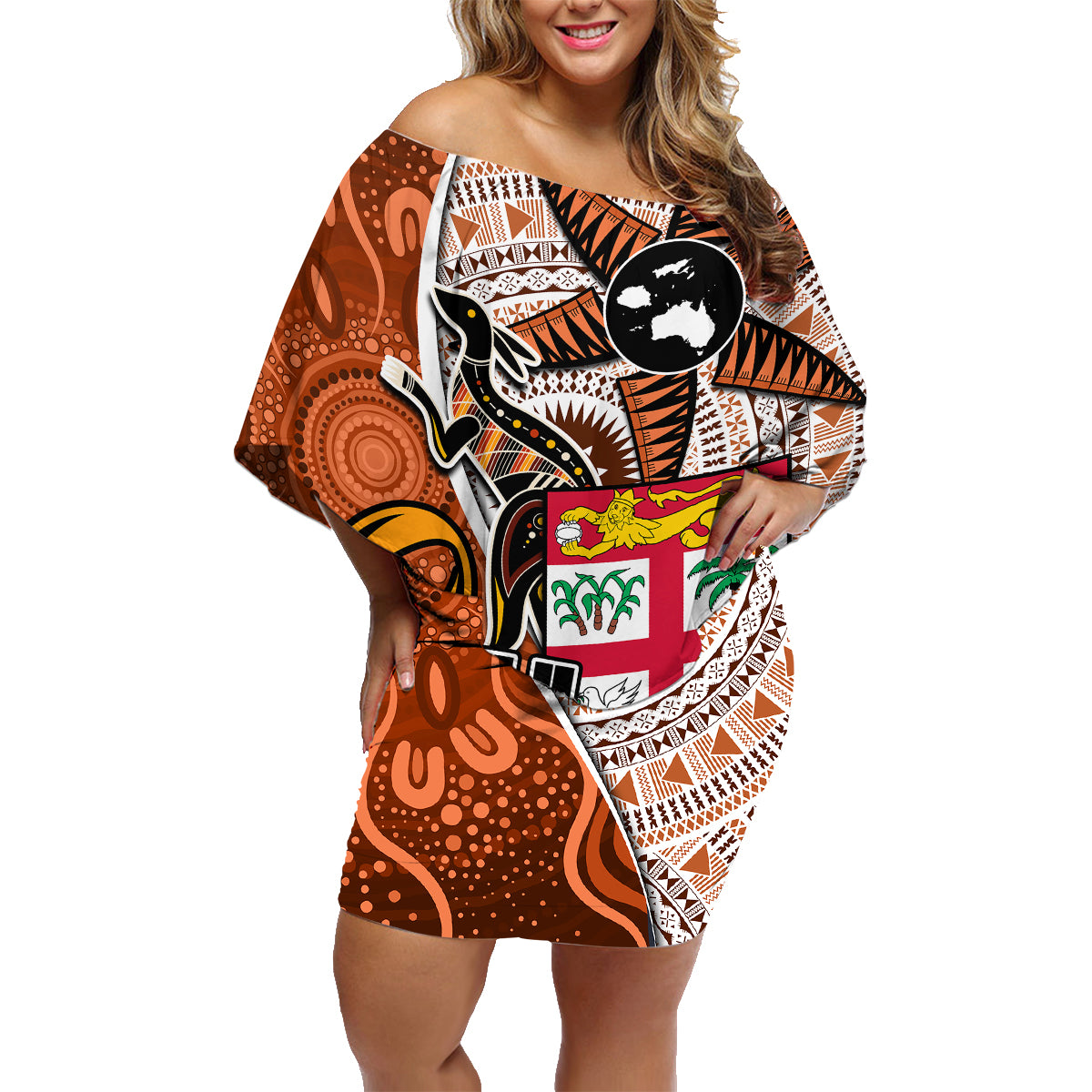 personalised-fiji-australia-rugby-family-matching-off-shoulder-short-dress-and-hawaiian-shirt-kangaroo-and-palm-tree-orange-tapa-pattern-mix-aboriginal