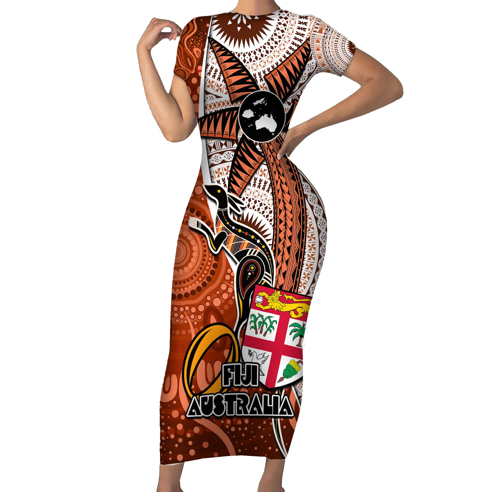 personalised-fiji-australia-rugby-short-sleeve-bodycon-dress-kangaroo-and-palm-tree-orange-tapa-pattern-mix-aboriginal