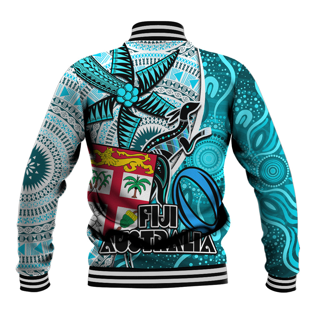 Fiji Australia Rugby Baseball Jacket Kangaroo and Palm Tree Blue Tapa Pattern Mix Aboriginal LT03 - Polynesian Pride