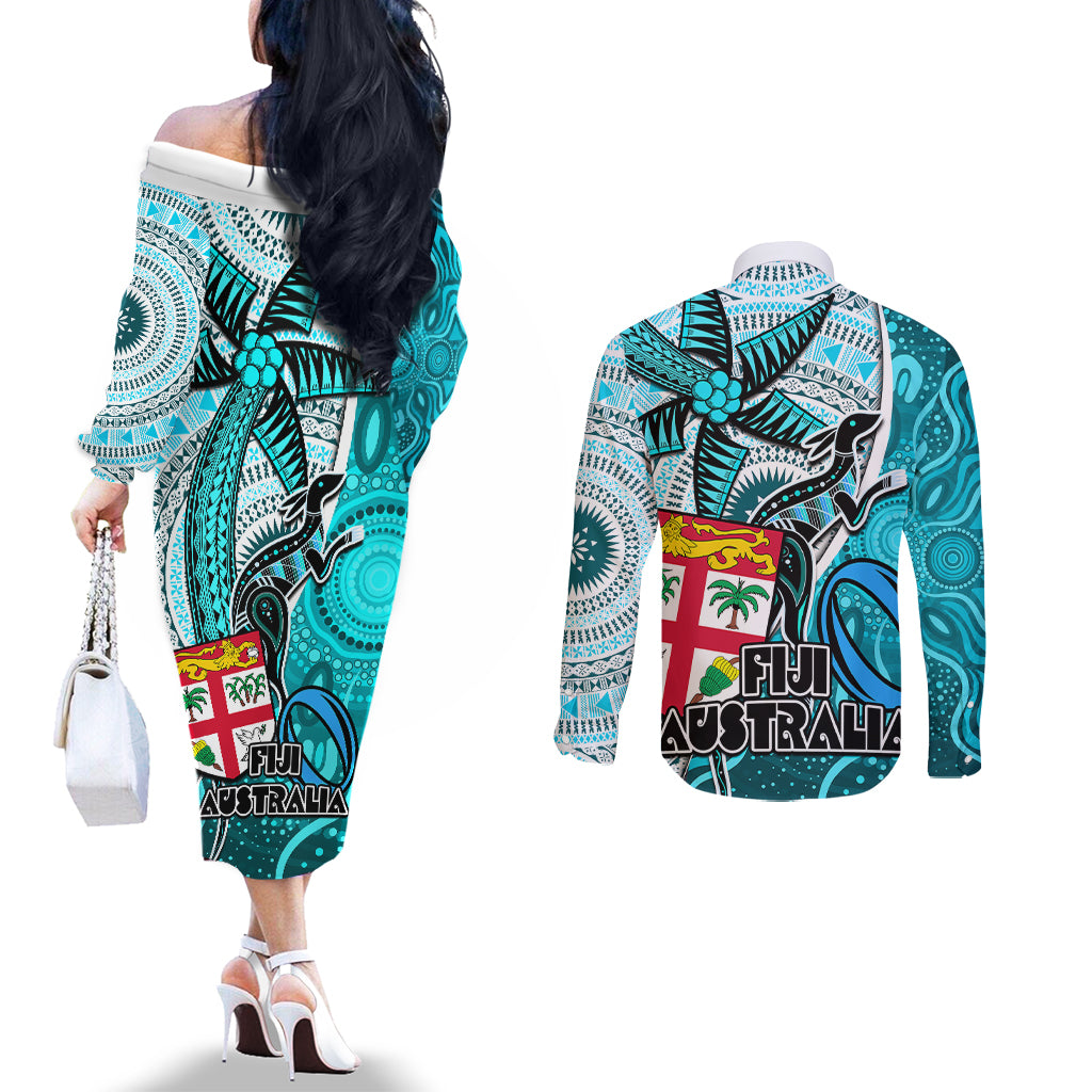 fiji-australia-rugby-couples-matching-off-the-shoulder-long-sleeve-dress-and-long-sleeve-button-shirts-kangaroo-and-palm-tree-blue-tapa-pattern-mix-aboriginal