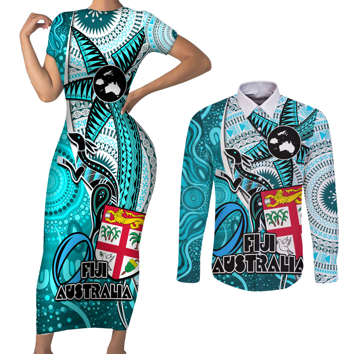 fiji-australia-rugby-couples-matching-short-sleeve-bodycon-dress-and-long-sleeve-button-shirts-kangaroo-and-palm-tree-blue-tapa-pattern-mix-aboriginal