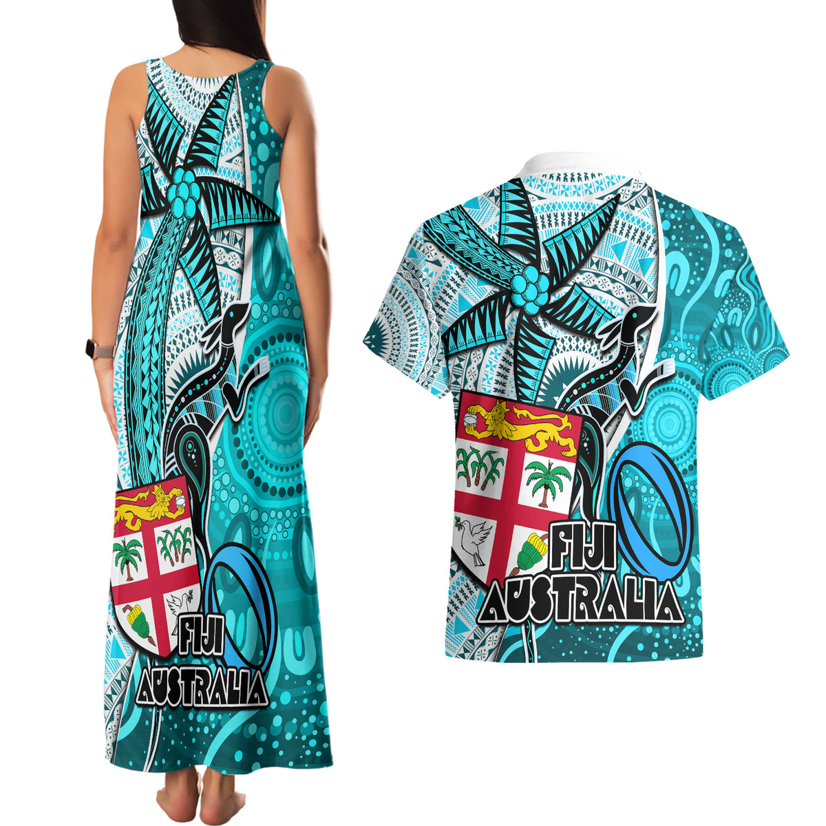 fiji-australia-rugby-couples-matching-tank-maxi-dress-and-hawaiian-shirt-kangaroo-and-palm-tree-blue-tapa-pattern-mix-aboriginal