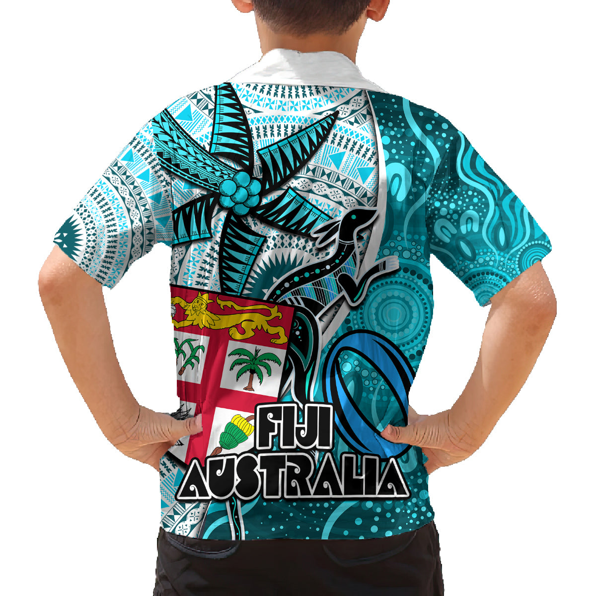 fiji-australia-rugby-family-matching-long-sleeve-bodycon-dress-and-hawaiian-shirt-kangaroo-and-palm-tree-blue-tapa-pattern-mix-aboriginal