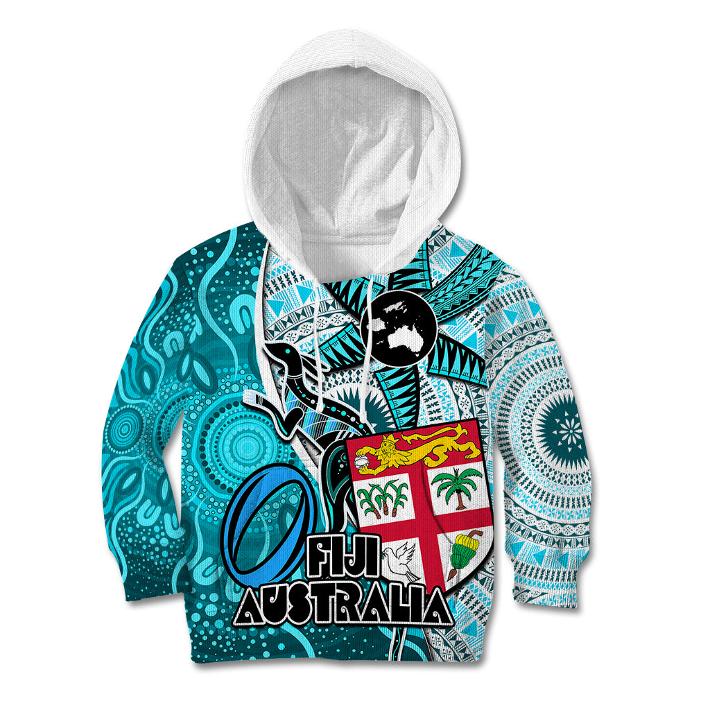 Fiji Australia Rugby Kid Hoodie Kangaroo and Palm Tree Blue Tapa Pattern Mix Aboriginal LT03 Blue - Polynesian Pride