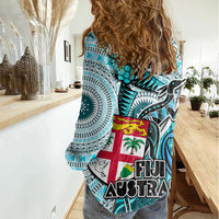 Fiji Australia Rugby Women Casual Shirt Kangaroo and Palm Tree Blue Tapa Pattern Mix Aboriginal LT03 - Polynesian Pride