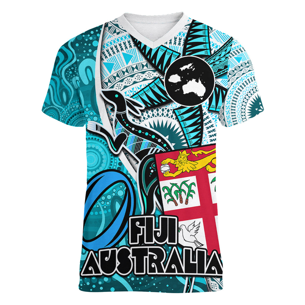 fiji-australia-rugby-women-v-neck-t-shirt-kangaroo-and-palm-tree-blue-tapa-pattern-mix-aboriginal
