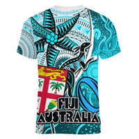fiji-australia-rugby-women-v-neck-t-shirt-kangaroo-and-palm-tree-blue-tapa-pattern-mix-aboriginal