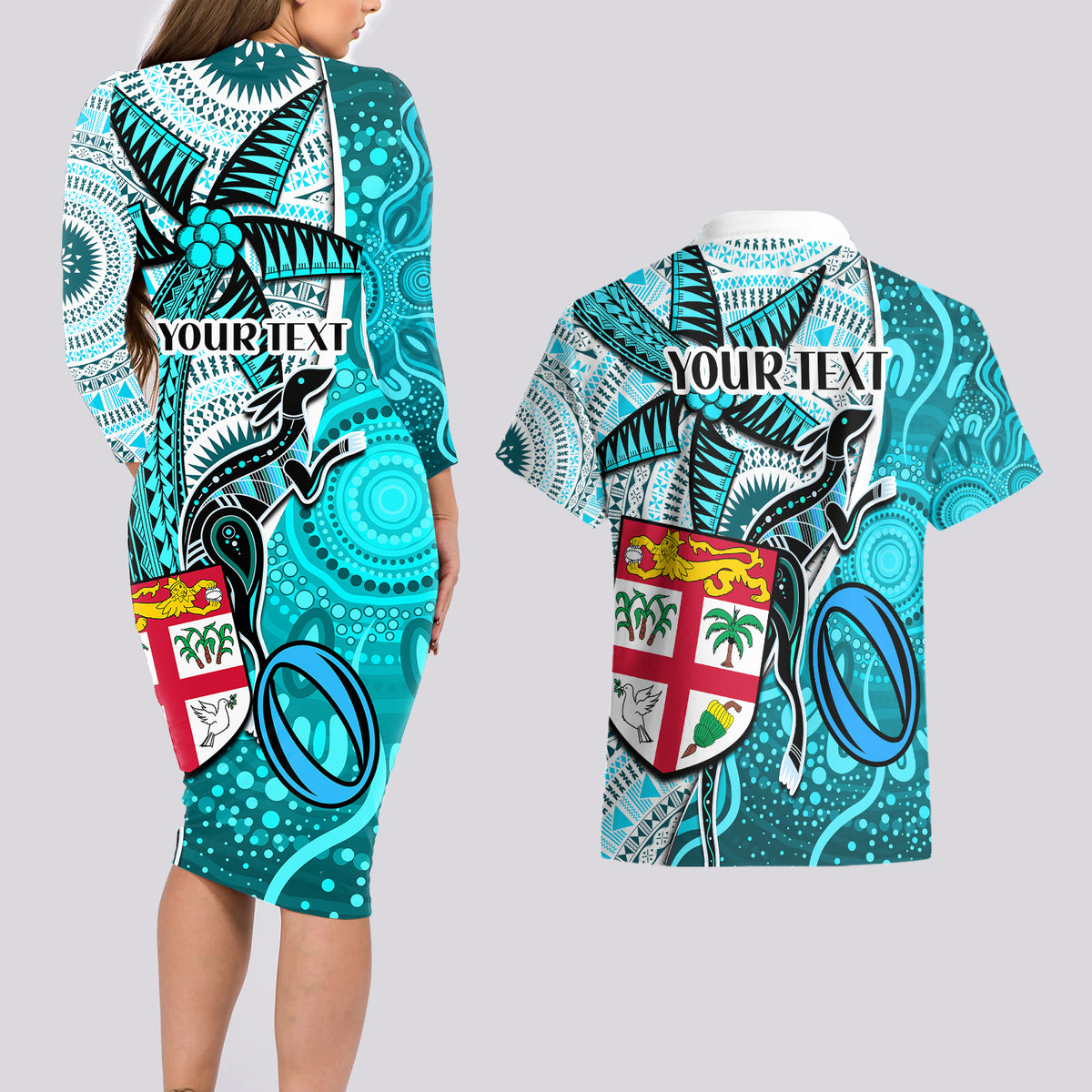 personalised-fiji-australia-rugby-couples-matching-long-sleeve-bodycon-dress-and-hawaiian-shirt-kangaroo-and-palm-tree-blue-tapa-pattern-mix-aboriginal