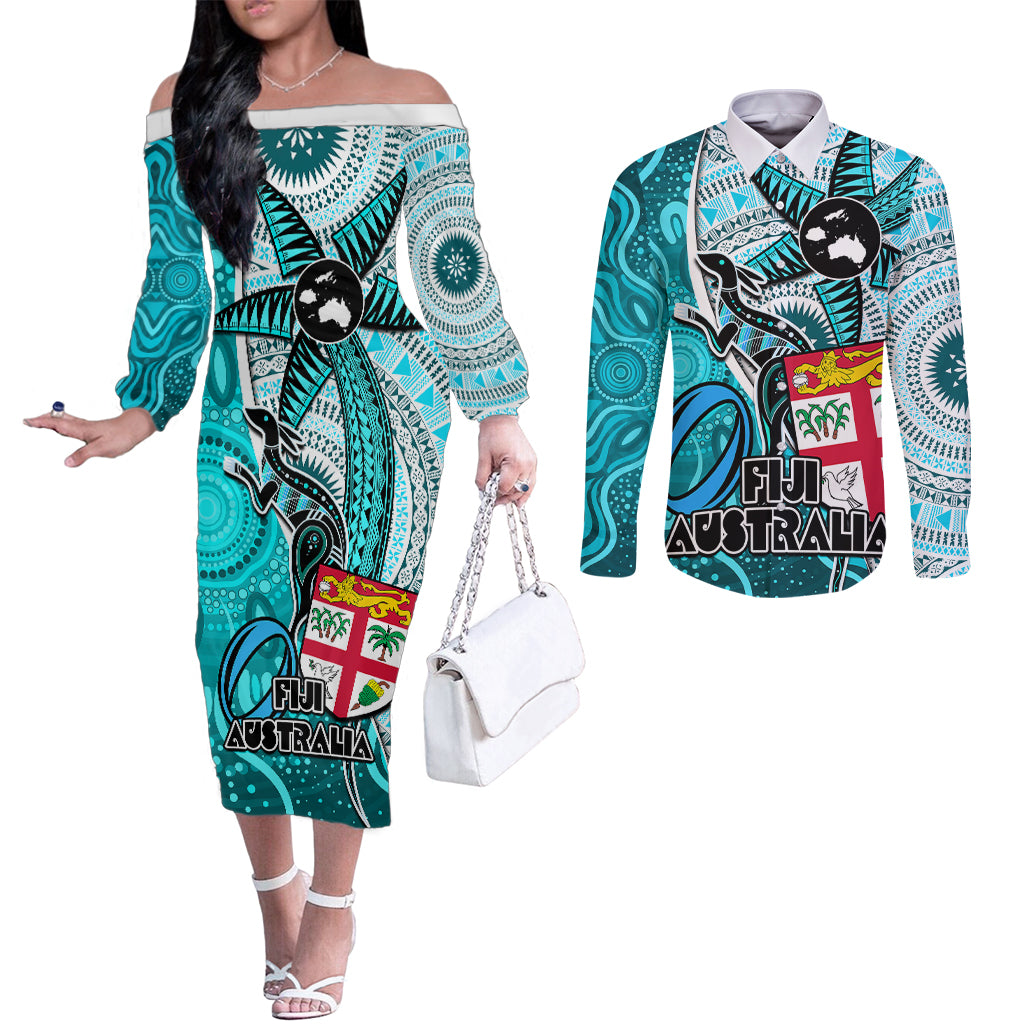 personalised-fiji-australia-rugby-couples-matching-off-the-shoulder-long-sleeve-dress-and-long-sleeve-button-shirts-kangaroo-and-palm-tree-blue-tapa-pattern-mix-aboriginal