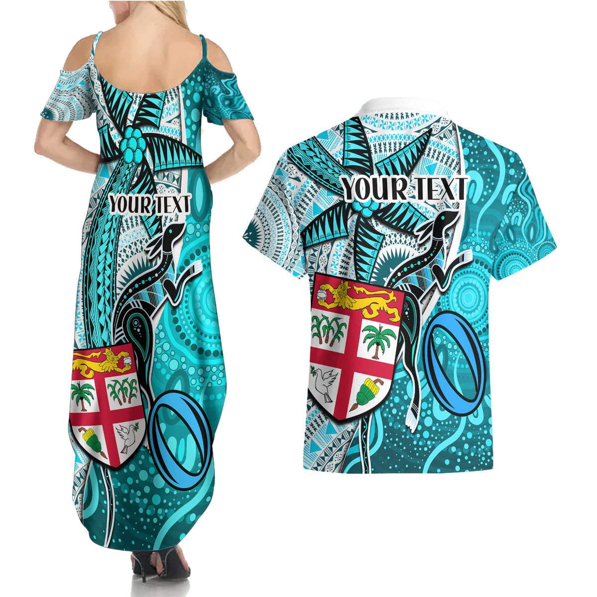 personalised-fiji-australia-rugby-couples-matching-summer-maxi-dress-and-hawaiian-shirt-kangaroo-and-palm-tree-blue-tapa-pattern-mix-aboriginal
