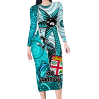 personalised-fiji-australia-rugby-long-sleeve-bodycon-dress-kangaroo-and-palm-tree-blue-tapa-pattern-mix-aboriginal