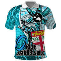 Personalised Fiji Australia Rugby Polo Shirt Kangaroo and Palm Tree Blue Tapa Pattern Mix Aboriginal LT03 Blue - Polynesian Pride