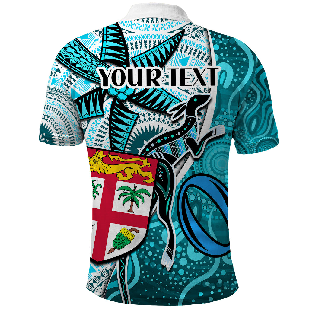Personalised Fiji Australia Rugby Polo Shirt Kangaroo and Palm Tree Blue Tapa Pattern Mix Aboriginal LT03 - Polynesian Pride
