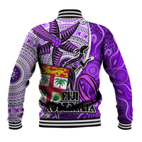 Fiji Australia Rugby Baseball Jacket Kangaroo and Palm Tree Purple Tapa Pattern Mix Aboriginal LT03 - Polynesian Pride