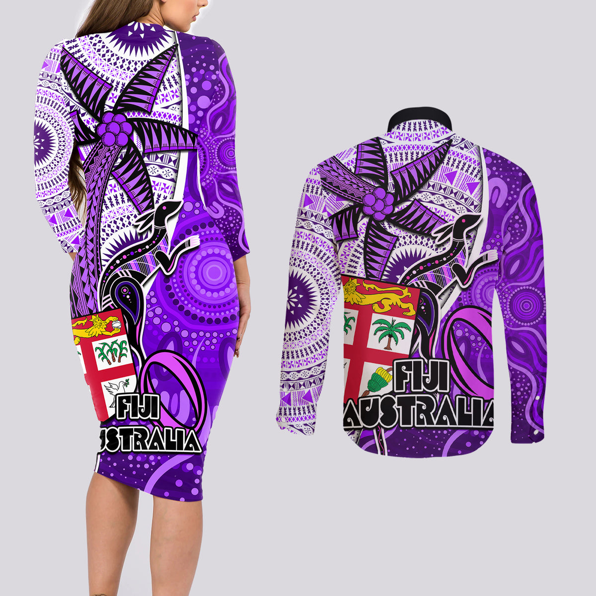 fiji-australia-rugby-couples-matching-long-sleeve-bodycon-dress-and-long-sleeve-button-shirts-kangaroo-and-palm-tree-purple-tapa-pattern-mix-aboriginal