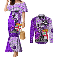 fiji-australia-rugby-couples-matching-mermaid-dress-and-long-sleeve-button-shirts-kangaroo-and-palm-tree-purple-tapa-pattern-mix-aboriginal