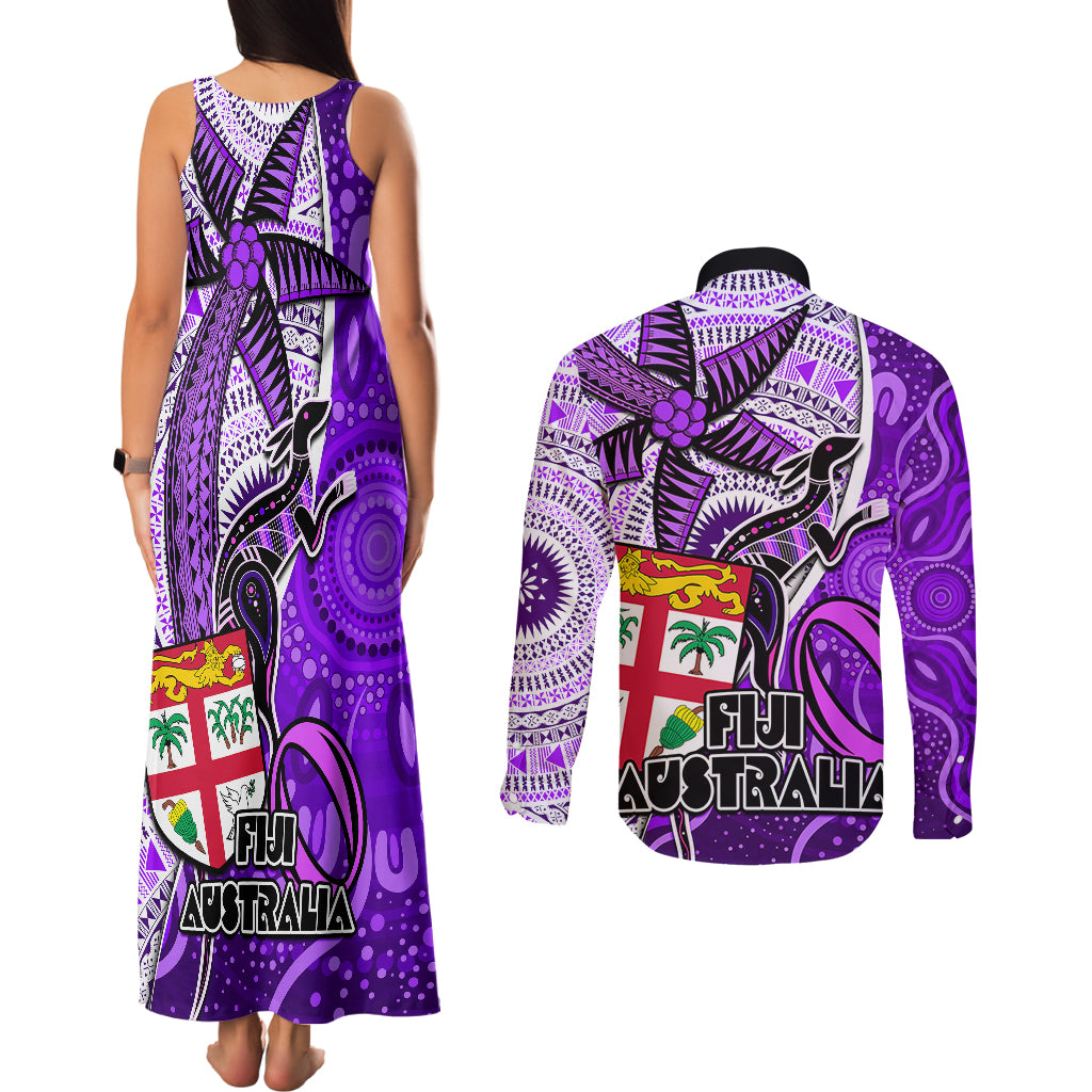 fiji-australia-rugby-couples-matching-tank-maxi-dress-and-long-sleeve-button-shirts-kangaroo-and-palm-tree-purple-tapa-pattern-mix-aboriginal