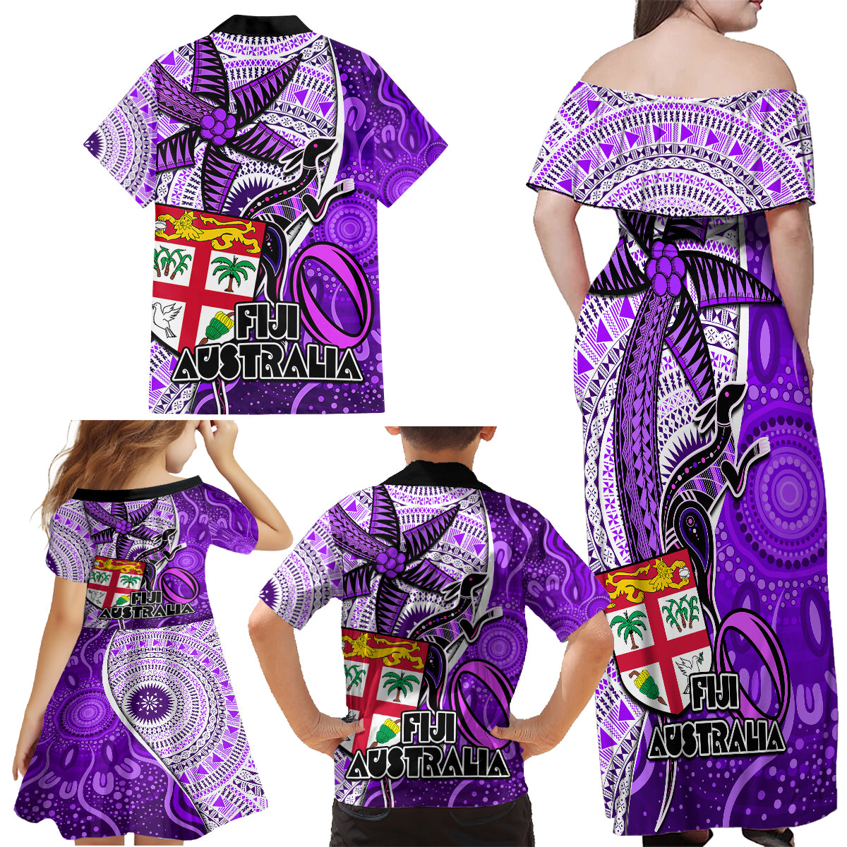 fiji-australia-rugby-family-matching-off-shoulder-maxi-dress-and-hawaiian-shirt-kangaroo-and-palm-tree-purple-tapa-pattern-mix-aboriginal