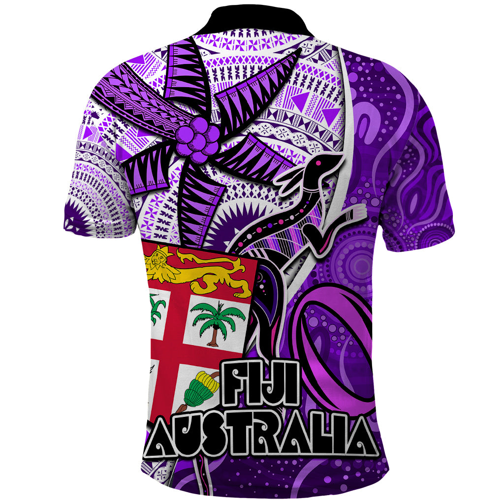 Fiji Australia Rugby Polo Shirt Kangaroo and Palm Tree Purple Tapa Pattern Mix Aboriginal LT03 - Polynesian Pride
