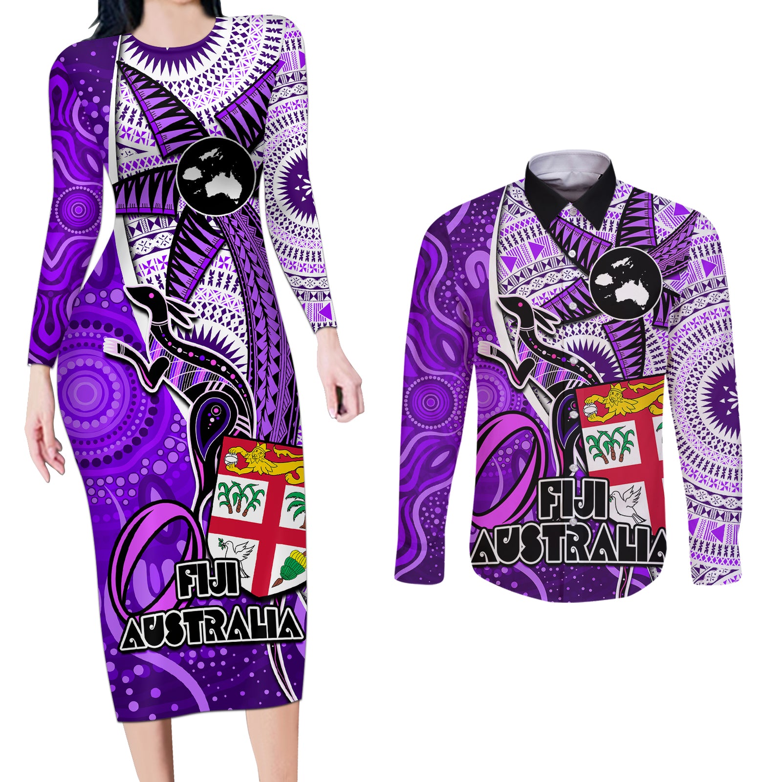 personalised-fiji-australia-rugby-couples-matching-long-sleeve-bodycon-dress-and-long-sleeve-button-shirts-kangaroo-and-palm-tree-purple-tapa-pattern-mix-aboriginal