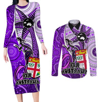 personalised-fiji-australia-rugby-couples-matching-long-sleeve-bodycon-dress-and-long-sleeve-button-shirts-kangaroo-and-palm-tree-purple-tapa-pattern-mix-aboriginal