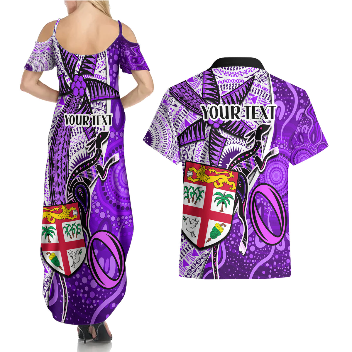 personalised-fiji-australia-rugby-couples-matching-summer-maxi-dress-and-hawaiian-shirt-kangaroo-and-palm-tree-purple-tapa-pattern-mix-aboriginal