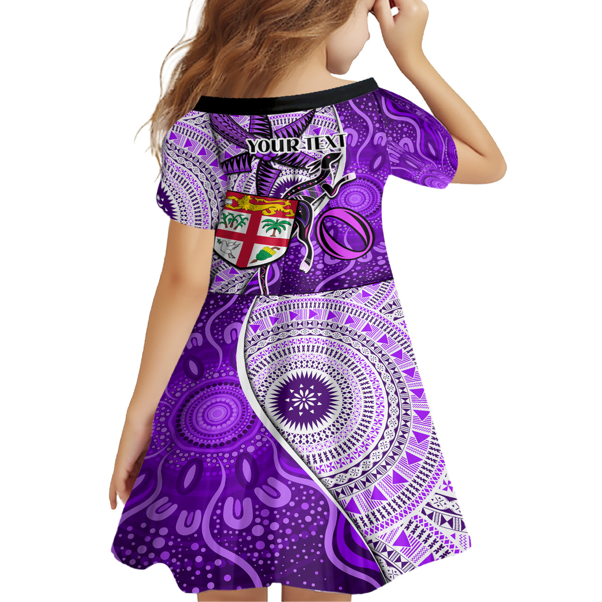 personalised-fiji-australia-rugby-family-matching-short-sleeve-bodycon-dress-and-hawaiian-shirt-kangaroo-and-palm-tree-purple-tapa-pattern-mix-aboriginal
