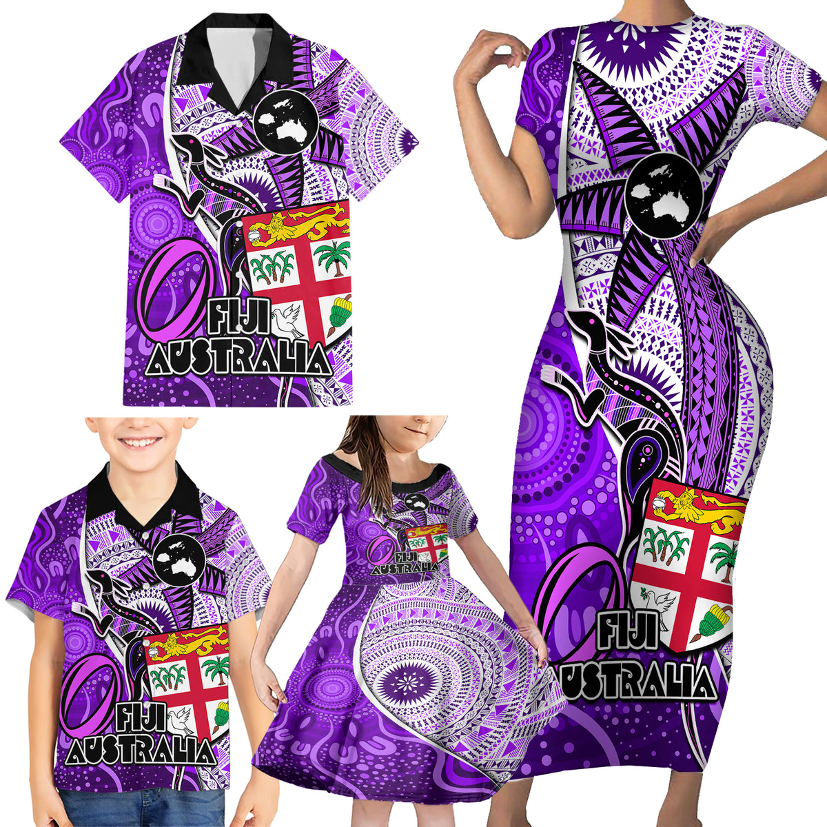 personalised-fiji-australia-rugby-family-matching-short-sleeve-bodycon-dress-and-hawaiian-shirt-kangaroo-and-palm-tree-purple-tapa-pattern-mix-aboriginal