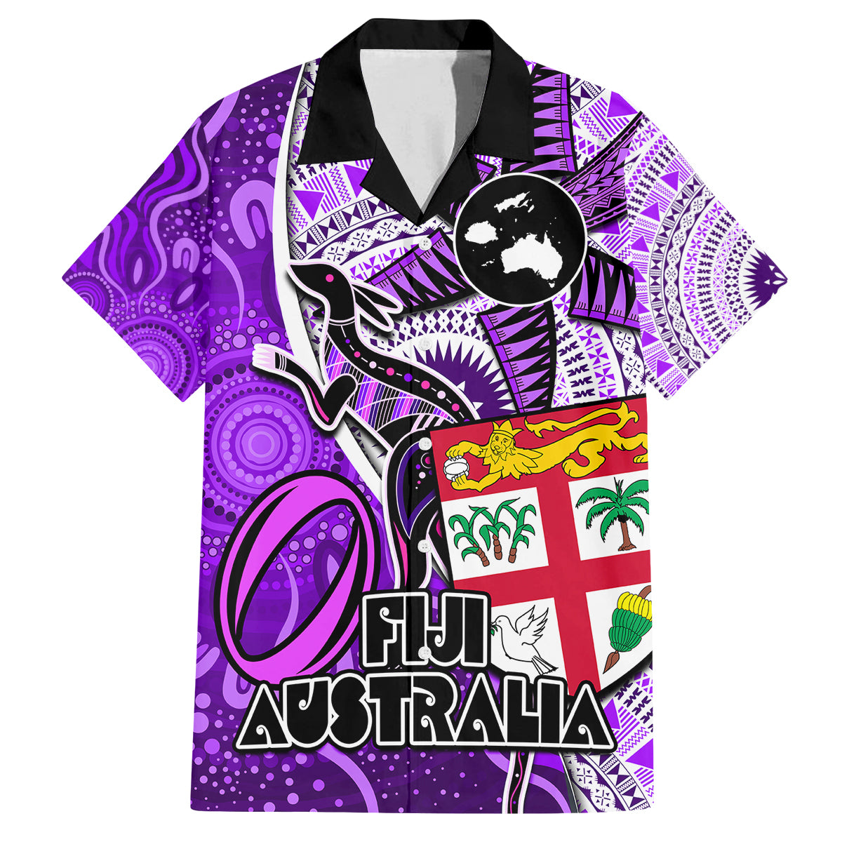 personalised-fiji-australia-rugby-family-matching-summer-maxi-dress-and-hawaiian-shirt-kangaroo-and-palm-tree-purple-tapa-pattern-mix-aboriginal
