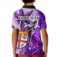 Personalised Fiji Australia Rugby Kid Polo Shirt Kangaroo and Palm Tree Purple Tapa Pattern Mix Aboriginal LT03 - Polynesian Pride