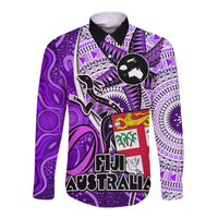 personalised-fiji-australia-rugby-long-sleeve-button-shirt-kangaroo-and-palm-tree-purple-tapa-pattern-mix-aboriginal