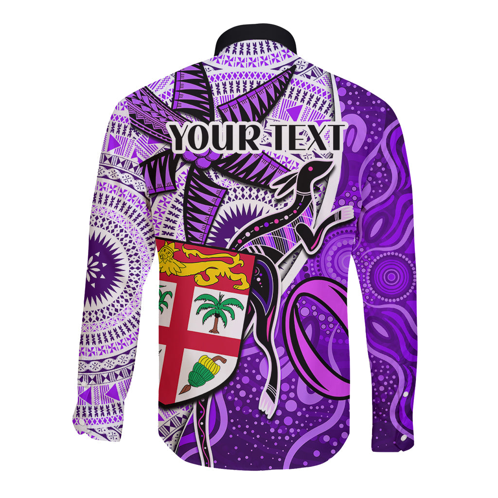 personalised-fiji-australia-rugby-long-sleeve-button-shirt-kangaroo-and-palm-tree-purple-tapa-pattern-mix-aboriginal