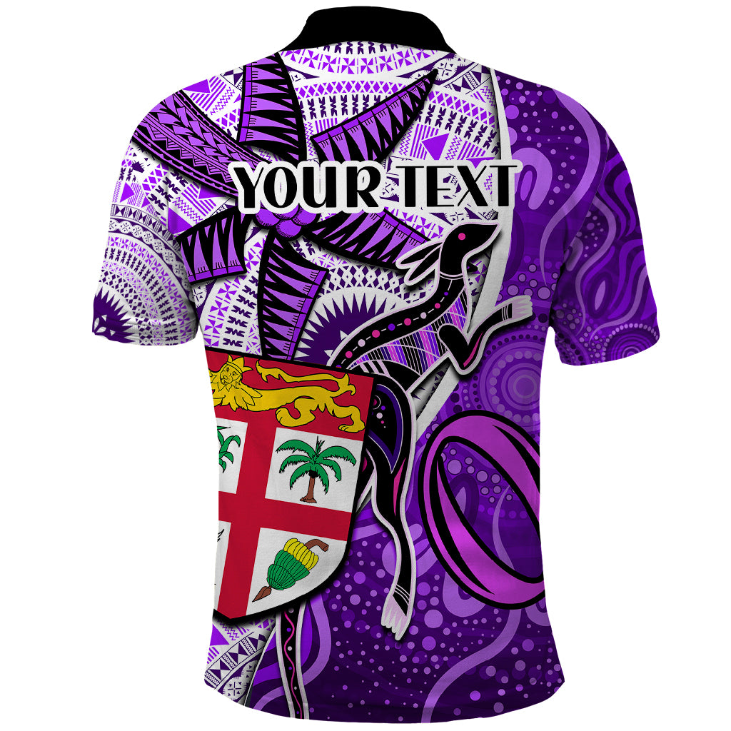 Personalised Fiji Australia Rugby Polo Shirt Kangaroo and Palm Tree Purple Tapa Pattern Mix Aboriginal LT03 - Polynesian Pride