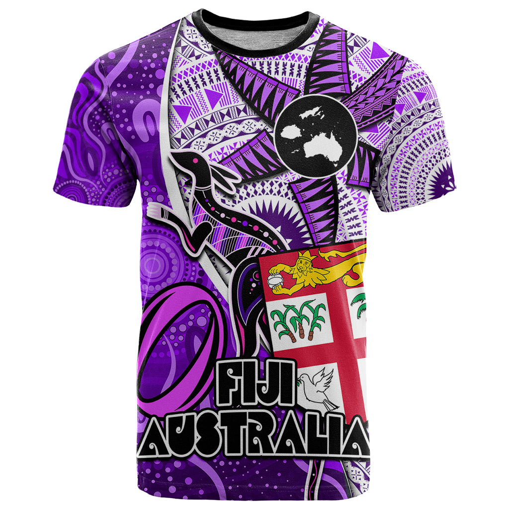 Personalised Fiji Australia Rugby T Shirt Kangaroo and Palm Tree Purple Tapa Pattern Mix Aboriginal LT03 Purple - Polynesian Pride