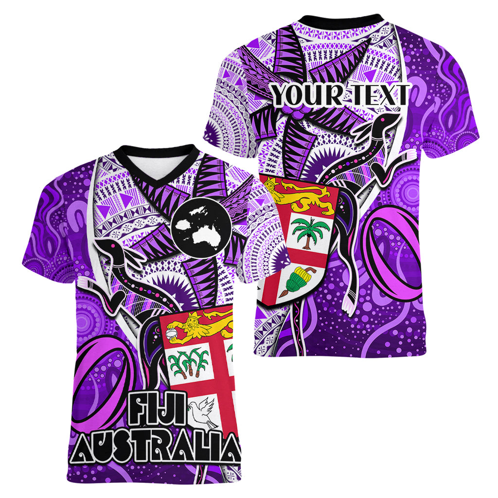 personalised-fiji-australia-rugby-women-v-neck-t-shirt-kangaroo-and-palm-tree-purple-tapa-pattern-mix-aboriginal