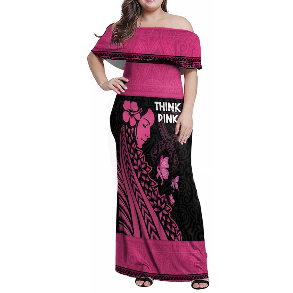 Breast Cancer Awareness Family Matching Off Shoulder Maxi Dress and Hawaiian Shirt Think Pink Polynesian Ribbon and Butterfly